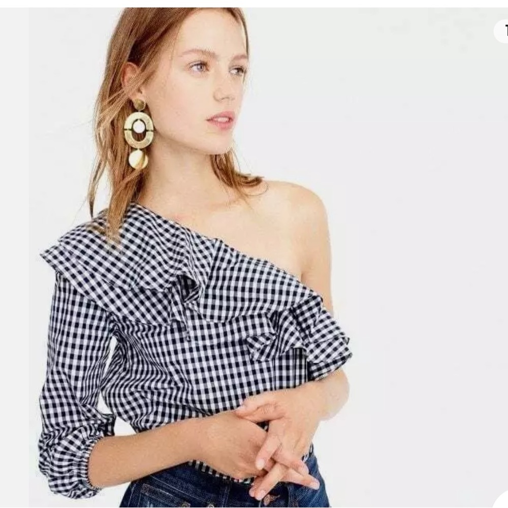 J Crew Gingham One-shoulder Ruffle Blouse - Picture 2 of 4